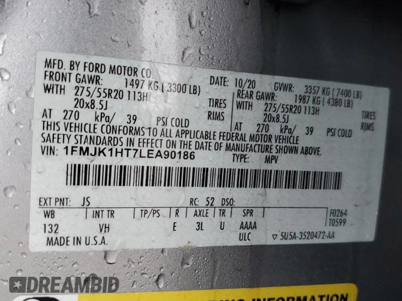 2020 Ford Expedition Max XLT z VIN 1FMJK1HT7LEA90186, wystawiony jako Copart lot #54350835 z przebiegiem 33 206 mil mil oraz Szkoda całkowita • Salvage title. Historia ofert i sprzedaży dostępna na DreamBid. Obrazek 13.