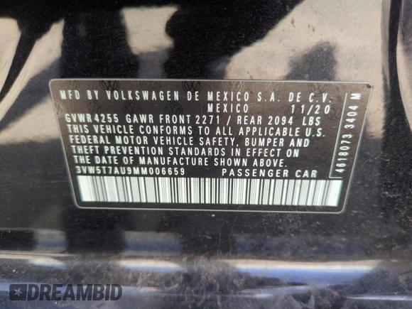 2021 Volkswagen GTI S с VIN 3VW5T7AU9MM006659, выставлен на аукционе Copart как лот 55346595 с пробегом 33 776 миль миль и Списание • Salvage title. История ставок и продаж доступна на DreamBid. Изображение 12.