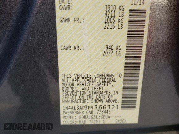 2015 Nissan Altima SL z VIN 1N4AL3AP3FN366321, wystawiony jako Copart lot #53326275 z przebiegiem 78 363 mil mil oraz Szkoda całkowita • Salvage title. Historia ofert i sprzedaży dostępna na DreamBid. Obrazek 10.