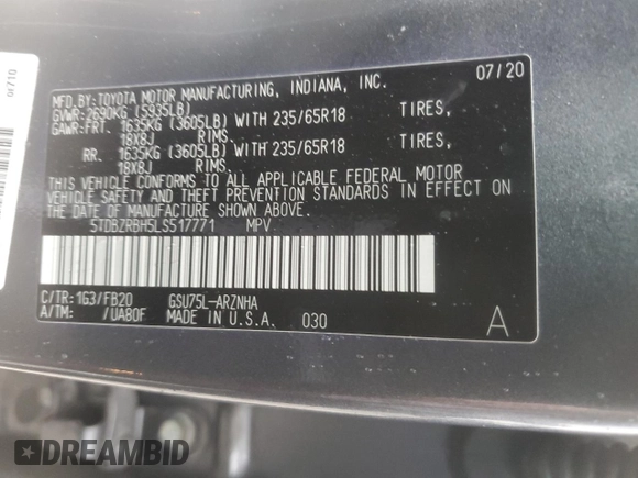2020 Toyota Highlander LE with VIN 5TDBZRBH5LS517771, listed as a Copart auction lot 59154795 with 146,567 mi miles and Salvage title. Bid and sale history available at DreamBid. Image 12.