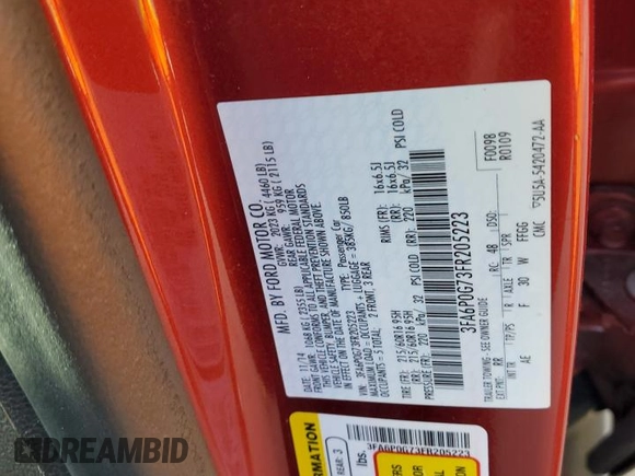 2015 Ford Fusion S with VIN 3FA6P0G73FR205223, listed as a Copart auction lot 85775474 with 121,565 mi miles and Salvage Title. Bid and sale history available at carsss.com. Image 12.