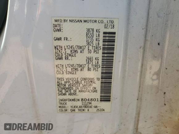 2018 Nissan NV Cargo S z VIN 1N6BF0KM8JN804801, wystawiony jako Copart lot #50125815 z przebiegiem 248 028 mil mil oraz Szkoda całkowita • Salvage title. Historia ofert i sprzedaży dostępna na DreamBid. Obrazek 13.