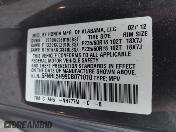 2012 Honda Odyssey Touring with VIN 5FNRL5H99CB071010, listed as a IAAI auction lot 41651233 with 186,913 mi miles. Bid and sale history available at carsss.com. Image 9.