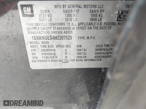 2017 GMC Acadia SLT with VIN 1GKKNULS4HZ287529, listed as a IAAI auction lot 41909149 with 93,323 mi miles. Bid and sale history available at carsss.com. Image 9.
