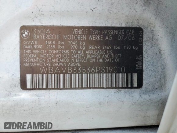 2006 BMW 3 Series 330i с VIN WBAVB33536PS19010, выставлен на аукционе Copart как лот 52313985 с пробегом 262 388 миль миль и Чистый • Clean title. История ставок и продаж доступна на DreamBid. Изображение 12.