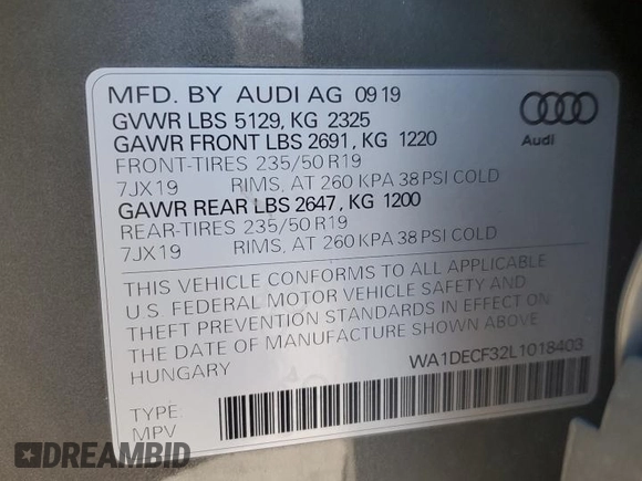 2020 Audi Q3 S line Premium with VIN WA1DECF32L1018403, listed as a Copart auction lot 49996235 with 141,608 mi miles and Clean Title. Bid and sale history available at carsss.com. Image 13.