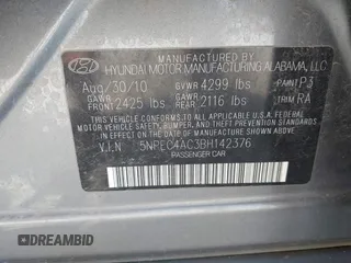 2011 Hyundai Sonata Limited with VIN 5NPEC4AC3BH142376, listed as a IAAI auction lot 41988669 with 97,302 mi miles and . Bid and sale history available at DreamBid. Image 9.