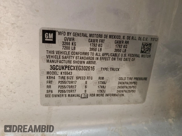 2014 Chevrolet Silverado 1500 Work Truck with VIN 3GCUKPECXEG302616, listed as a Copart auction lot 84420954 with 0 mi miles and Salvage Title. Bid and sale history available at carsss.com. Image 12.
