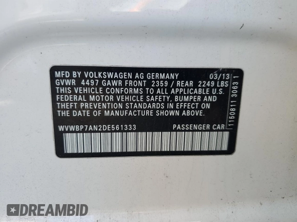 2013 Volkswagen CC R-Line with VIN WVWBP7AN2DE561333, listed as a Copart auction lot 67903454 with 91,378 mi miles and Salvage Title. Bid and sale history available at carsss.com. Image 12.