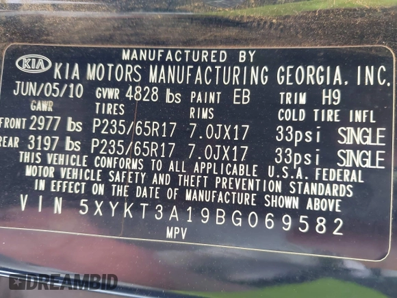 2011 Kia Sorento LX with VIN 5XYKT3A19BG069582, listed as a IAAI auction lot 42172861 with Not Provided miles and . Bid and sale history available at DreamBid. Image 9.