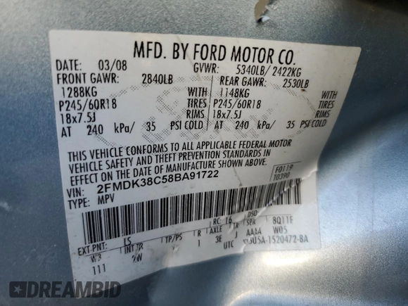 2008 Ford Edge SEL z VIN 2FMDK38C58BA91722, wystawiony jako Copart lot #53386315 z przebiegiem Nie podano mil oraz Nie do naprawy. Historia ofert i sprzedaży dostępna na DreamBid. Obrazek 14.