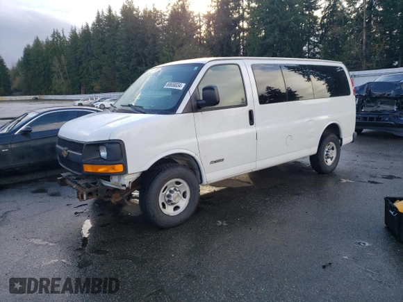 2005 Chevrolet Express Passenger with VIN 1GAHG35U551121466, listed as a Copart auction lot 80658034 with 84,598 mi miles and Salvage title. Bid and sale history available at DreamBid. Image 1.