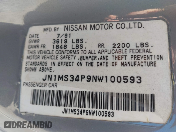 1992 Nissan 240SX z VIN JN1MS34P9NW100593, wystawiony jako IAAI lot #40867667 z przebiegiem Nie podano mil oraz . Historia ofert i sprzedaży dostępna na DreamBid. Obrazek 9.