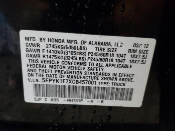 2012 Honda Ridgeline Sport with VIN 5FPYK1F7XCB457001, listed as a Copart auction lot 81421164 with 114,238 mi miles and Salvage Title. Bid and sale history available at carsss.com. Image 12.