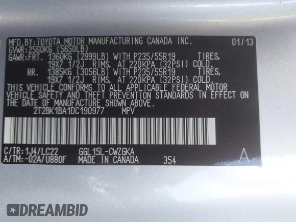 2013 Lexus RX 350 with VIN 2T2BK1BA1DC190977, listed as a IAAI auction lot 42427269 with 114,517 mi miles and . Bid and sale history available at DreamBid. Image 9.
