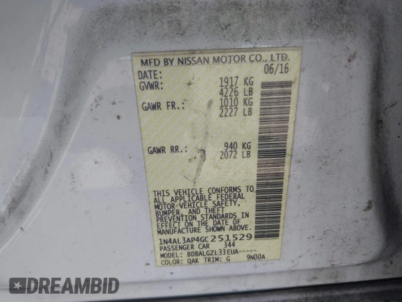 2016 Nissan Altima S with VIN 1N4AL3AP4GC251529, listed as a IAAI auction lot 41825719 with 159,396 mi miles and . Bid and sale history available at DreamBid. Image 9.