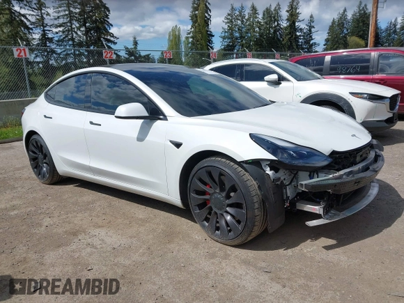 2021 Tesla Model 3 Performance with VIN 5YJ3E1EC2MF096681, listed as a IAAI auction lot 42068782 with 34,852 mi miles and . Bid and sale history available at DreamBid. Image 1.