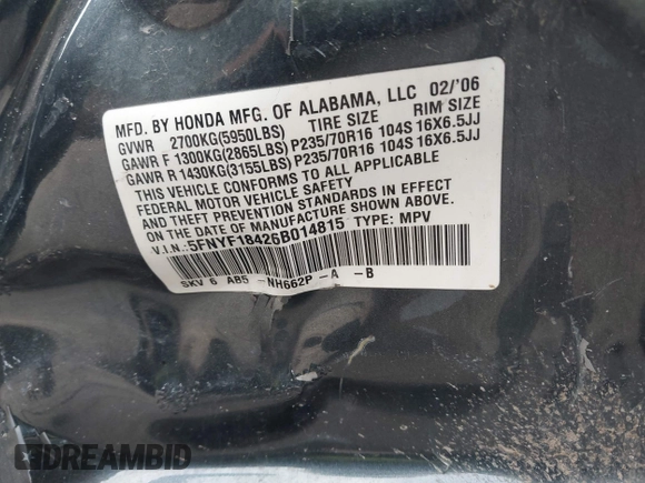 2006 Honda Pilot EX with VIN 5FNYF18426B014815, listed as a IAAI auction lot 42109149 with 284,163 mi miles and . Bid and sale history available at DreamBid. Image 9.