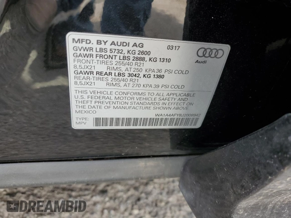 2018 Audi SQ5 Premium Plus with VIN WA1A4AFY8J2008942, listed as a Copart auction lot 68154264 with 99,918 mi miles and Salvage Title. Bid and sale history available at DreamBid. Image 14.
