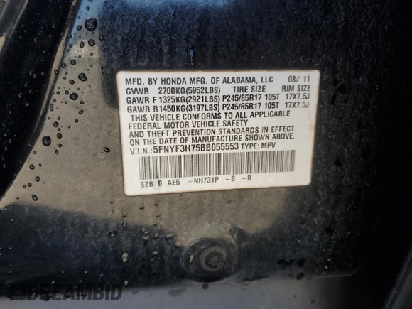 2011 Honda Pilot EX-L with VIN 5FNYF3H75BB055553, listed as a Copart auction lot 49428665 with 131,172 mi miles and Salvage Title. Bid and sale history available at DreamBid. Image 14.