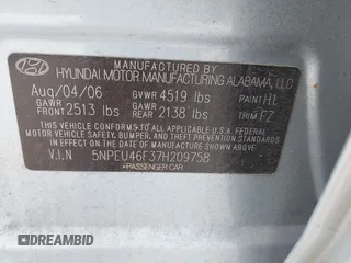 2007 Hyundai Sonata SE z VIN 5NPEU46F37H209758, wystawiony jako IAAI lot #42746501 z przebiegiem 217 618 mil mil oraz . Historia ofert i sprzedaży dostępna na DreamBid. Obrazek 9.