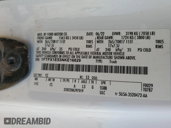 2022 Ford F-150 XL with VIN 1FTFX1E53NKE16829, listed as a Copart auction lot 45038885 with Not provided miles and Salvage title. Bid and sale history available at DreamBid. Image 12.