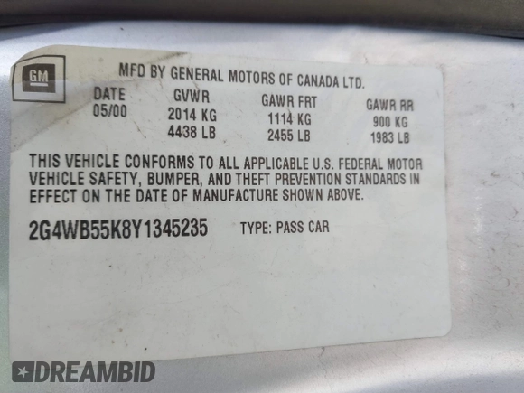2000 Buick Regal LS with VIN 2G4WB55K8Y1345235, listed as a IAAI auction lot 41782044 with 117,806 mi miles. Bid and sale history available at carsss.com. Image 9.