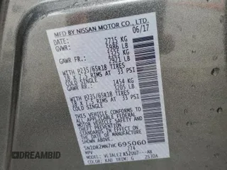 2017 Nissan Pathfinder Platinum with VIN 5N1DR2MN7HC695060, listed as a Copart auction lot 62096275 with 180,221 mi miles and Salvage title. Bid and sale history available at DreamBid. Image 14.