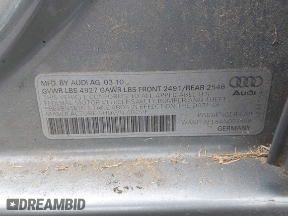 2010 Audi A4 Premium Plus с VIN WAUFFAFL6AN057496, выставлен на аукционе IAAI как лот 42389674 с пробегом 128 991 миль миль и . История ставок и продаж доступна на DreamBid. Изображение 9.