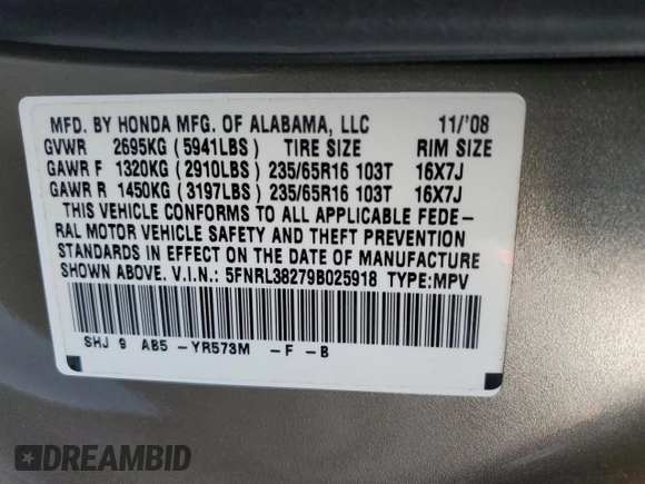 2009 Honda Odyssey LX с VIN 5FNRL38279B025918, выставлен на аукционе Copart как лот 82848404 с пробегом 71 791 миль миль и Списание • Salvage title. История ставок и продаж доступна на DreamBid. Изображение 15.