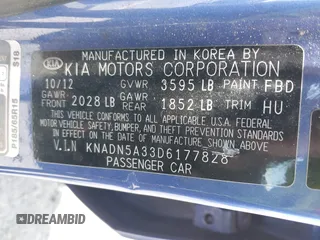 2013 Kia Rio SX with VIN KNADN5A33D6177828, listed as a IAAI auction lot 42534171 with 105,645 mi miles and . Bid and sale history available at DreamBid. Image 9.