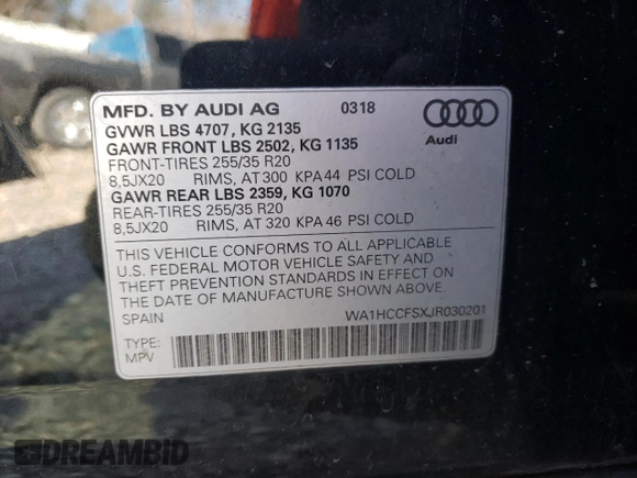 2018 Audi Q3 Premium Plus with VIN WA1HCCFSXJR030201, listed as a Copart auction lot 45162565 with 89,933 mi miles and Salvage title. Bid and sale history available at DreamBid. Image 14.