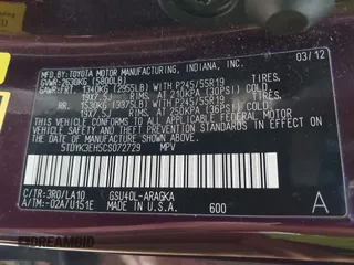 2012 Toyota Highlander Limited с VIN 5TDYK3EH5CS072729, выставлен на аукционе IAAI как лот 42098412 с пробегом 168 117 миль миль и . История ставок и продаж доступна на DreamBid. Изображение 9.