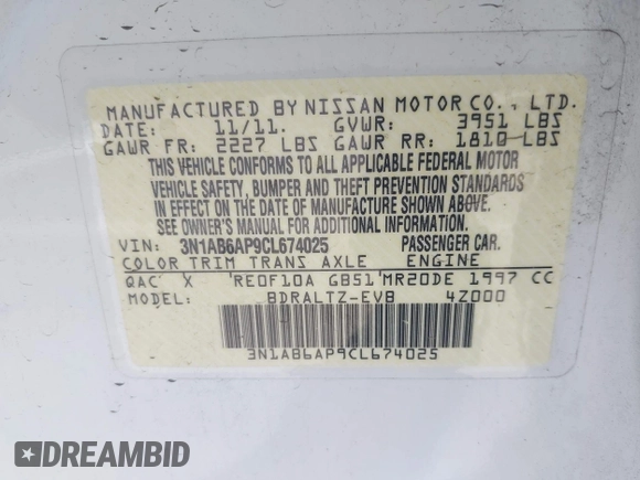 2012 Nissan Sentra SR with VIN 3N1AB6AP9CL674025, listed as a IAAI auction lot 42078736 with 131,244 mi miles and . Bid and sale history available at DreamBid. Image 9.