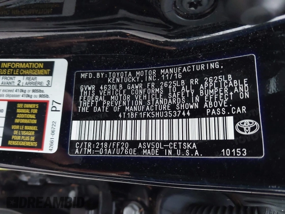 2017 Toyota Camry XLE with VIN 4T1BF1FK5HU353744, listed as a IAAI auction lot 41968338 with 21,741 mi miles and . Bid and sale history available at DreamBid. Image 9.