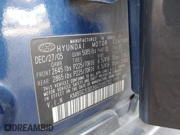 2006 Hyundai Santa Fe GLS with VIN KM8SC13D36U105732, listed as a IAAI auction lot 41733084 with 224,400 mi miles. Bid and sale history available at carsss.com. Image 9.