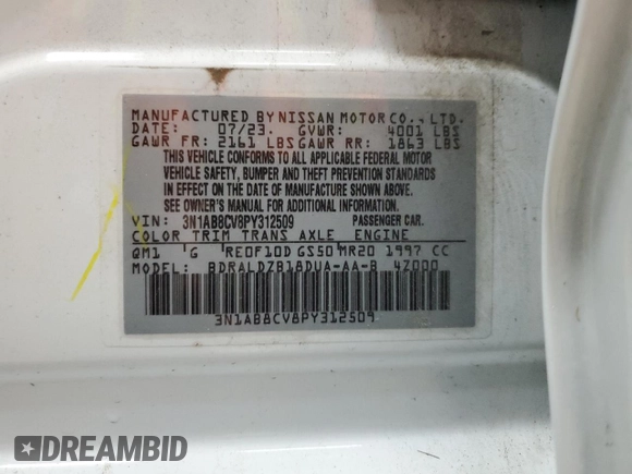 2023 Nissan Sentra SV with VIN 3N1AB8CV8PY312509, listed as a Copart auction lot 56043995 with 43,506 mi miles and Non Repairable. Bid and sale history available at DreamBid. Image 12.