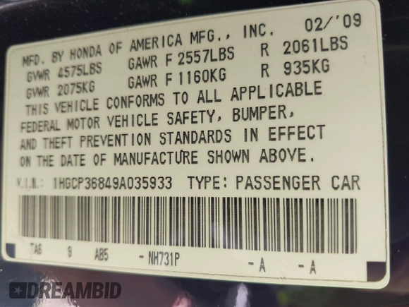 2009 Honda Accord EX-L with VIN 1HGCP36849A035933, listed as a IAAI auction lot 42059622 with 216,513 mi miles and . Bid and sale history available at DreamBid. Image 9.