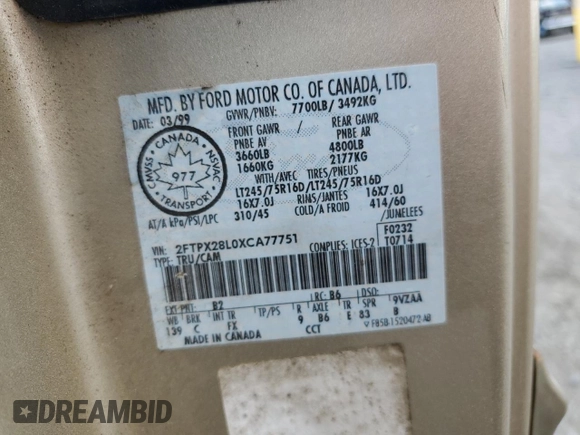 1999 Ford F-250 with VIN 2FTPX28L0XCA77751, listed as a Copart auction lot 59626795 with Not provided miles and Salvage title. Bid and sale history available at DreamBid. Image 12.