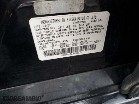 2007 Infiniti G35 Journey with VIN JNKBV61E97M719370, listed as a Copart auction lot 73510274 with 332,036 mi miles and Clean Title. Bid and sale history available at DreamBid. Image 12.