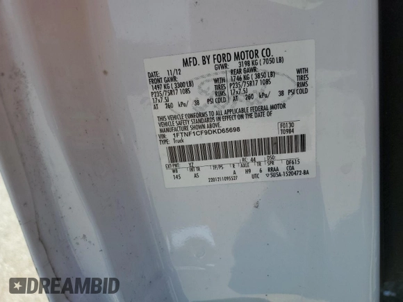 2013 Ford F-150 XL with VIN 1FTNF1CF9DKD65698, listed as a Copart auction lot 62138285 with 166,352 mi miles and Clean title. Bid and sale history available at DreamBid. Image 13.