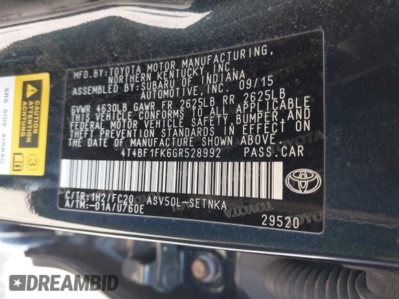 2016 Toyota Camry XLE with VIN 4T4BF1FK6GR528992, listed as a IAAI auction lot 42006520 with 89,225 mi miles and . Bid and sale history available at carsss.com. Image 9.