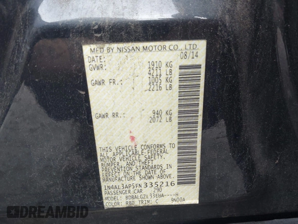 2015 Nissan Altima S z VIN 1N4AL3AP5FN335216, wystawiony jako IAAI lot #41942238 z przebiegiem 180 000 mil mil oraz . Historia ofert i sprzedaży dostępna na DreamBid. Obrazek 9.