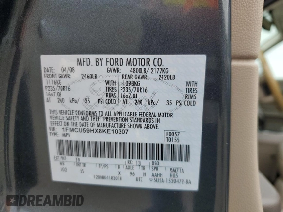 2008 Ford Escape Hybrid с VIN 1FMCU59HX8KE10307, выставлен на аукционе Copart как лот 58074825 с пробегом 165 479 миль миль и Списание • Salvage title. История ставок и продаж доступна на DreamBid. Изображение 13.