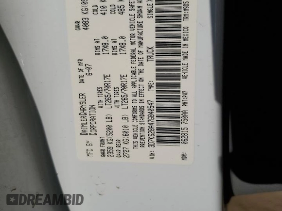 2007 Dodge Ram 2500 SLT with VIN 3D7KS28A47G840547, listed as a Copart auction lot 87749915 with 166,124 mi miles and Salvage Title. Bid and sale history available at carsss.com. Image 14.