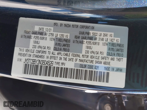 2022 Mazda CX-9 Sport with VIN JM3TCBBY3N0604529, listed as a IAAI auction lot 41482183 with 16,814 mi miles. Bid and sale history available at carsss.com. Image 9.