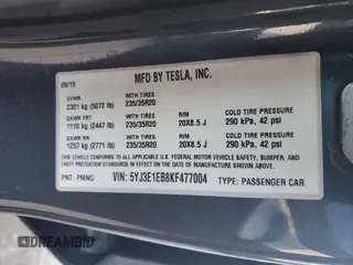 2019 Tesla Model 3 Long Range with VIN 5YJ3E1EB8KF477004, listed as a Copart auction lot 86192984 with 0 mi miles and Salvage Title. Bid and sale history available at carsss.com. Image 14.
