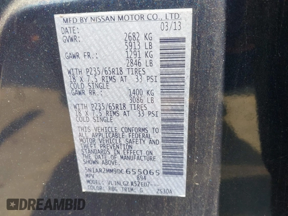 2013 Nissan Pathfinder Platinum with VIN 5N1AR2MM9DC655065, listed as a IAAI auction lot 42698219 with 113,545 mi miles and . Bid and sale history available at DreamBid. Image 9.