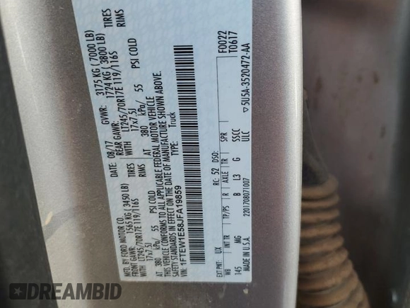 2018 Ford F-150 XL with VIN 1FTEW1E58JFA19859, listed as a Copart auction lot 63862625 with 77,463 mi miles and Salvage title. Bid and sale history available at DreamBid. Image 12.
