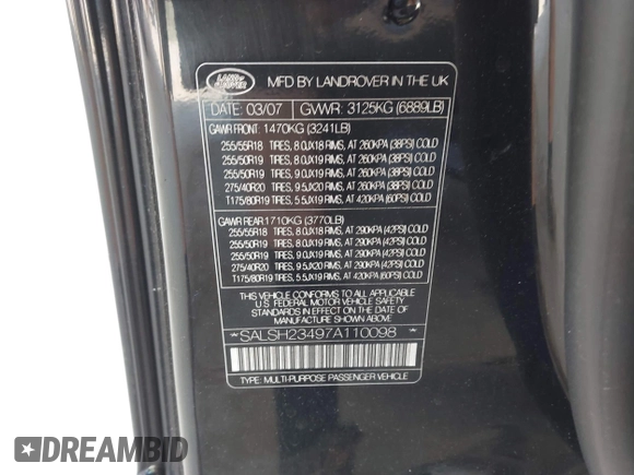 2007 Land Rover Range Rover Sport SC с VIN SALSH23497A110098, выставлен на аукционе IAAI как лот 42524882 с пробегом 125 065 миль миль и . История ставок и продаж доступна на DreamBid. Изображение 9.